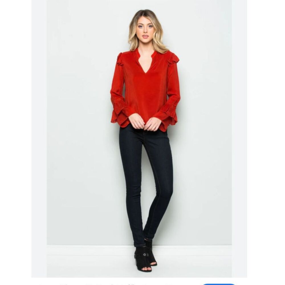 Maven West V Neck Long Sleeve Ruffle Top